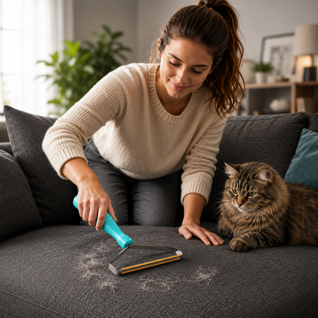 Frau benutzt Komar Pro auf dem Sofa neben ihrer Katze