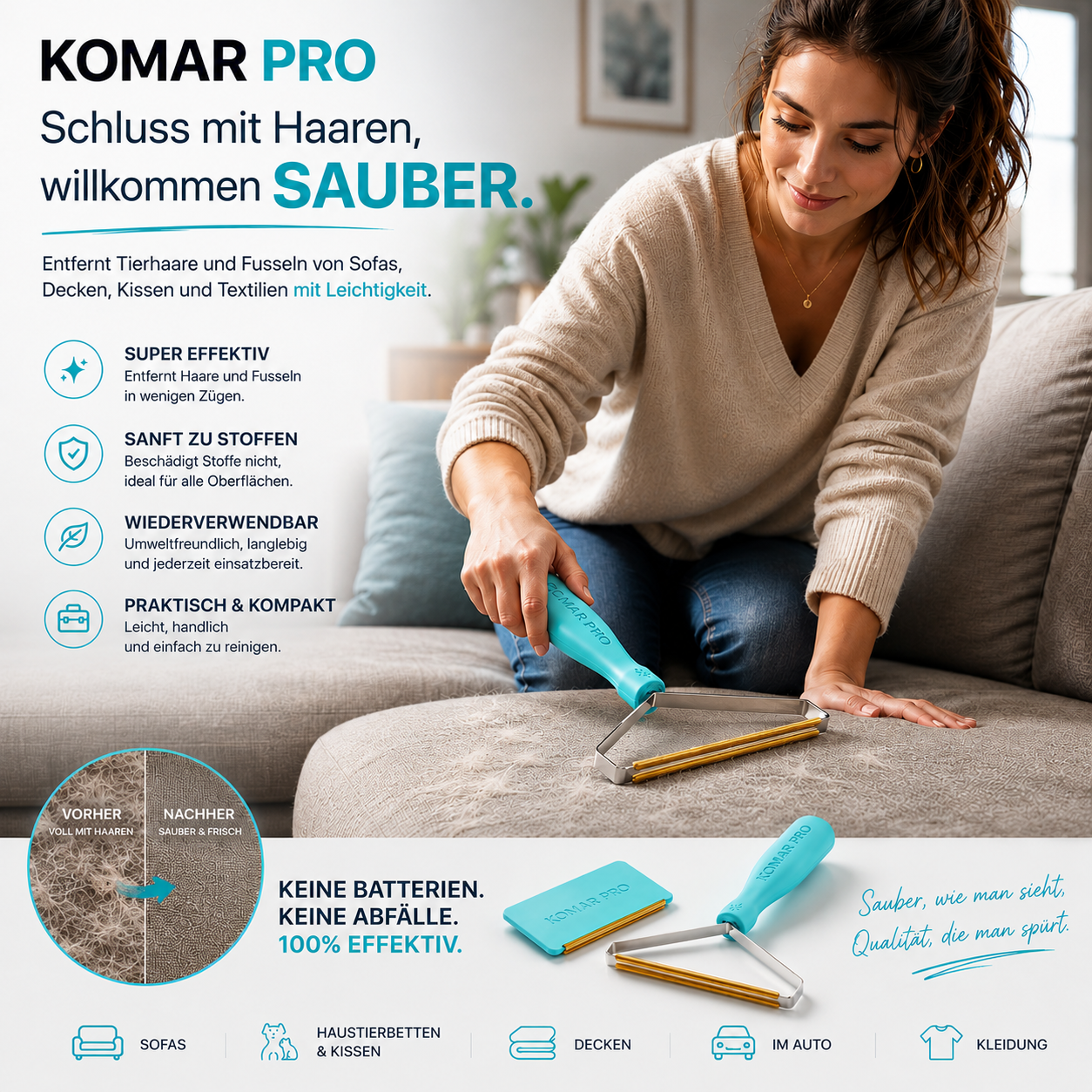 Tschüss Haare, hallo Sauberkeit: Komar Pro entfernt Haare und Flusen von Sofas, Decken, Kissen und Stoffen
